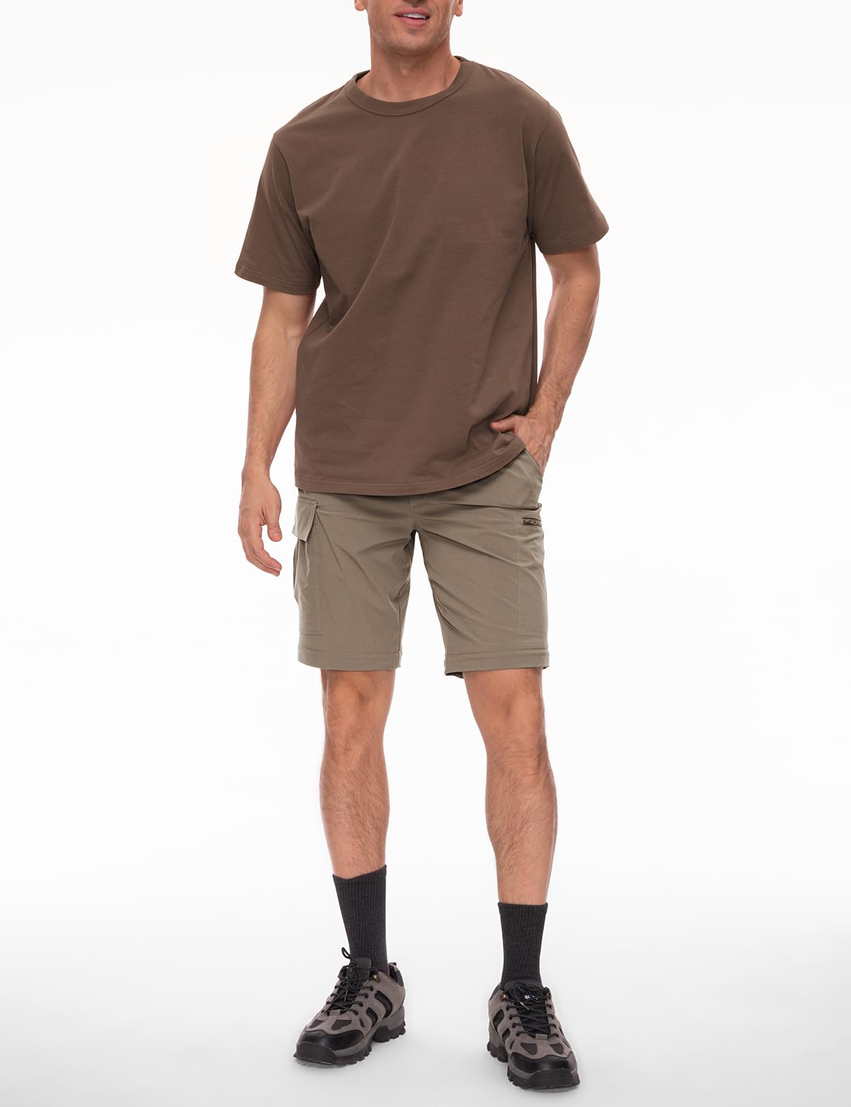 Wespornow Men's Convertible Hiking Pants: 3 in 1 Zip-Off for Travel (Dark Khaki, Large)