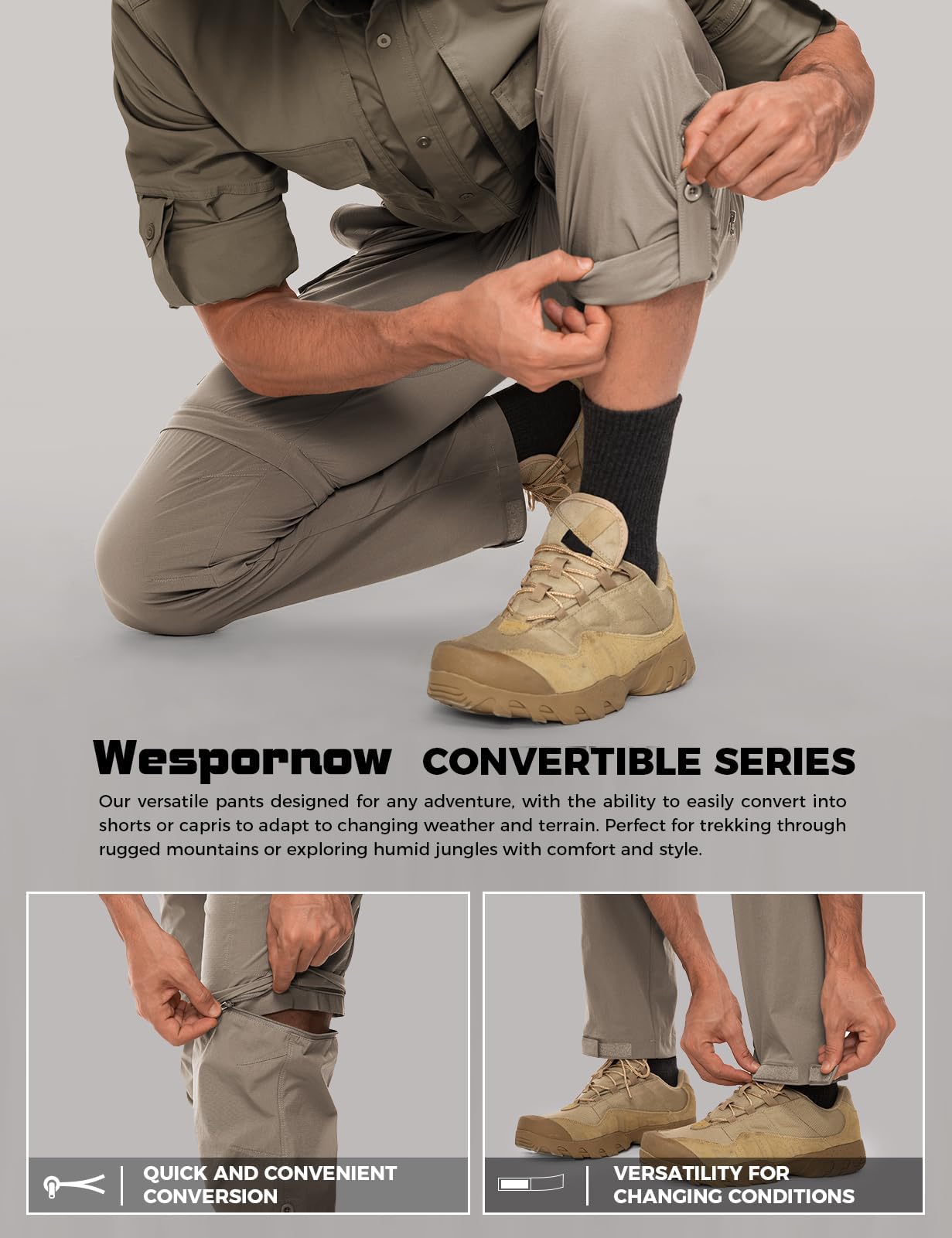 Wespornow Men's Convertible Hiking Pants: 3 in 1 Zip-Off for Travel (Dark Khaki, Large)