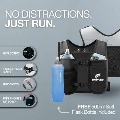 SWIFTVEST Running Vest for Women & Men with Water Bottle | Lightweight Hydration Vest | Reflective Running Gear | Adjustable Fit | 6 Pockets | Phone Holder for Runners