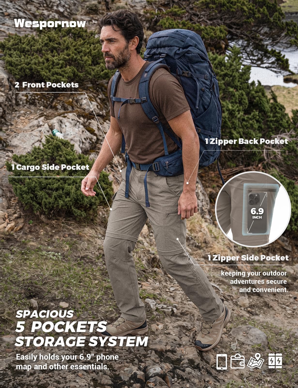 Wespornow Men's Convertible Hiking Pants: 3 in 1 Zip-Off for Travel (Dark Khaki, Large)